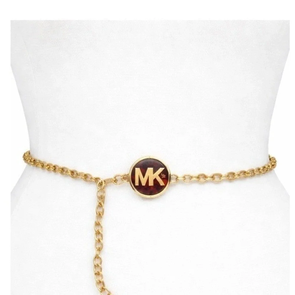 Michael‎ Kors Gold Tone Chain Belt MK Logo Tortoise Shell Medallion Adjustable